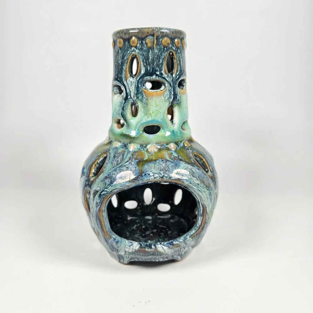 Beautiful‎ Chiminea Handmade Iridescent Glazed Ceramic Candle Holder blue green